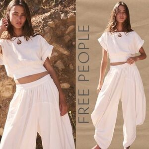 Free-est Free People Feelin' Free Set White Harem Pants Crop Top Linen Cotton XS